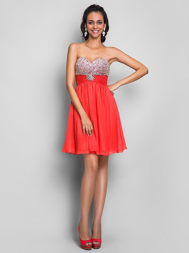 A-Line Cute Dress Wedding Guest Short / Mini Sleeveless Sweetheart Chiffon with Ruched Crystals