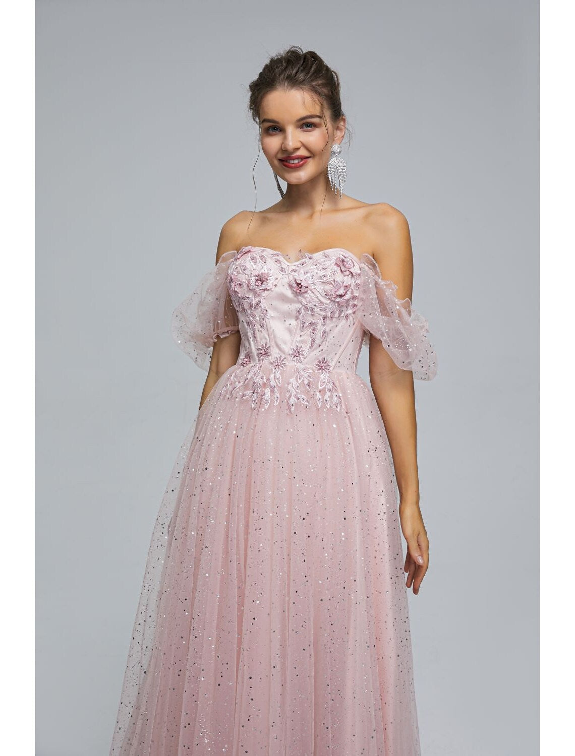 A-Line Prom Dresses Princess Dress Quinceanera Tea Length Short Sleeve Off Shoulder Tulle with Sequin