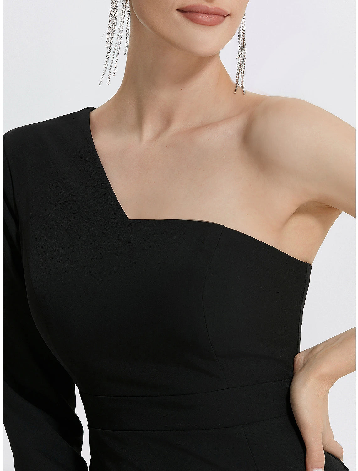 Mermaid Evening Gown Elegant Black Dress Wedding Guest Prom Floor Length Long Sleeve One Shoulder Stretch Fabric