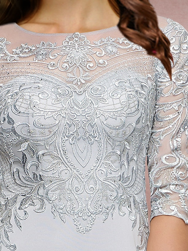 Plus Size Curve Mother of the Bride Dress Wedding Guest Vintage Elegant Scoop Neck Sweep / Brush Train Chiffon Lace Half Sleeve