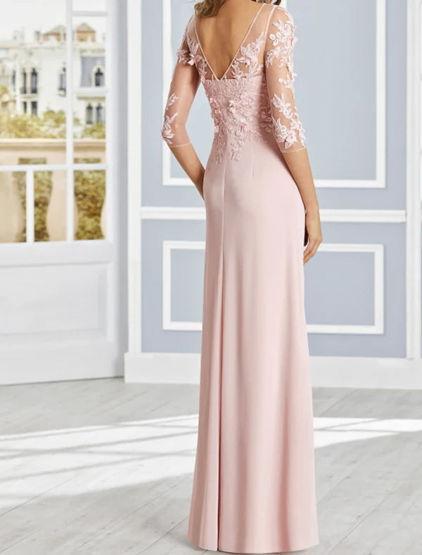 Sheath / Column Luxurious Floral Engagement Formal Evening Dress Illusion Neck Half Sleeve Floor Length Chiffon with Ruffles Draping
