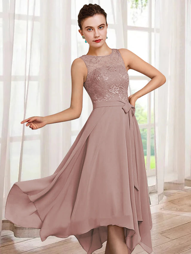 Two Piece A-Line Mother of the Bride Dress Elegant Jewel Neck Tea Length Chiffon Lace Half Sleeve Wrap Included with Sash