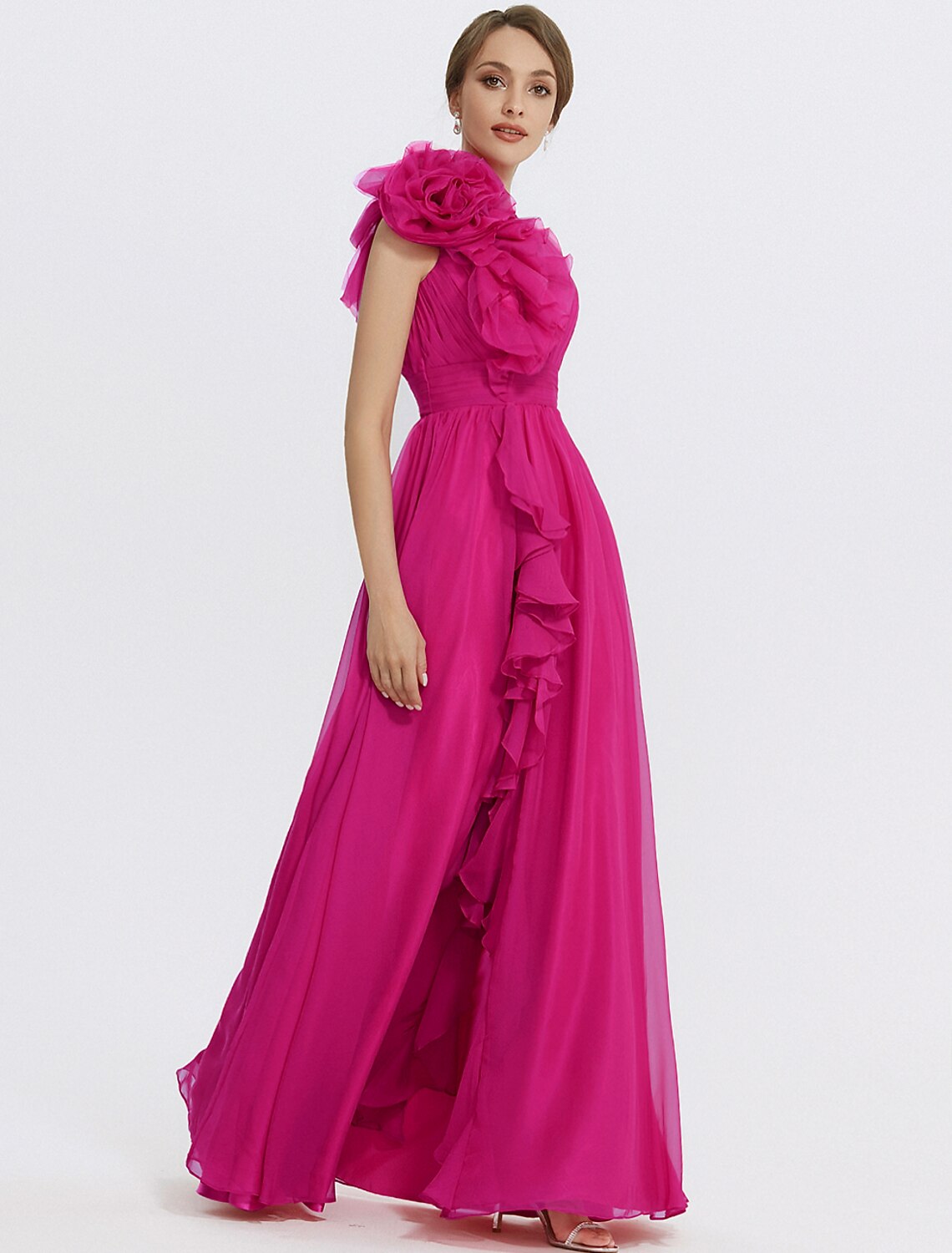 A-Line Evening Gown Floral Dress Formal Wedding Guest Floor Length Sleeveless V Neck Chiffon with Ruched