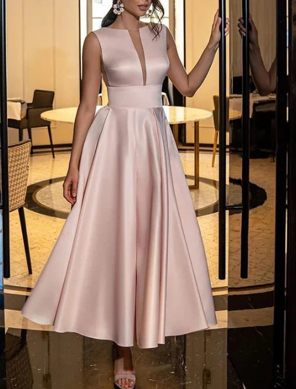 A-Line Evening Gown Cut Out Dress Engagement Wedding Party Sweep / Brush Train Sleeveless Jewel Neck Italy Satin Backless with Sleek