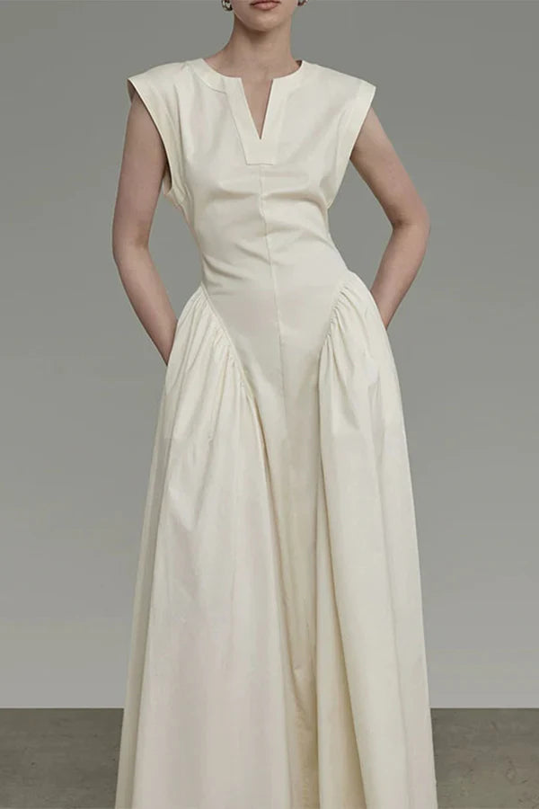 Elegant solid color pocket folding O-neck sleeveless evening dress Pure Color