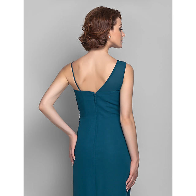 Sheath / Column Mother of the Bride Dress Furcal One Shoulder Floor Length Chiffon Sleeveless