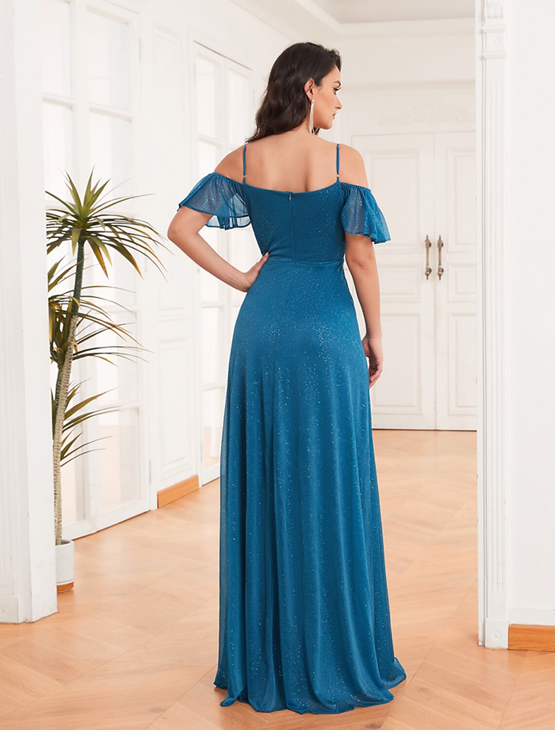 New Off Shoulder A-Line Side Split Sparkle Chiffon Bridesmaid Dress Adjustable Spaghetti Strap Ruffle Plus Size