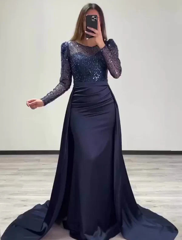 Mermaid Sequin Evening Gown Ruched Satin Dress Long Sleeves Floor Length Sparkle Illusion Neck Fall Wedding Guest Dress with Pearls