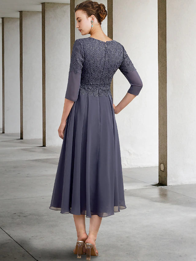 A-Line Mother of the Bride Dress Plus Size Elegant V Neck Tea Length Chiffon Lace 3/4 Length Sleeve