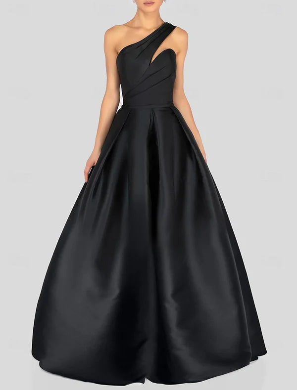 A-Line Prom Dresses Black Dress Dress Formal Prom Floor Length Sleeveless One Shoulder Satin with Ruched Sexy Evening Dresses