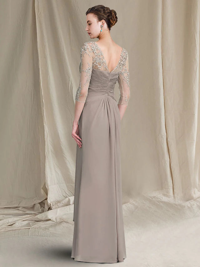 A-Line Mother of the Bride Dress Plus Size Elegant Jewel Neck Floor Length Chiffon Lace 3/4 Length Sleeve with Ruched