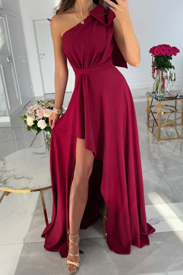 Casual minimalist solid color asymmetrical bow diagonal collar irregular evening dress Party Dress