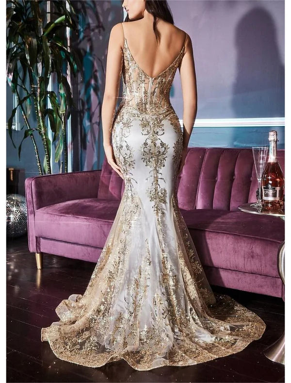 Mermaid / Trumpet Prom Dresses Celebrity Style Dress Graduation Prom Court Train Sleeveless V Neck Lace with Glitter Crystals
