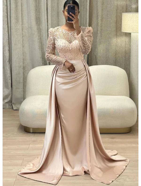 Mermaid Sequin Evening Gown Ruched Satin Dress Long Sleeves Floor Length Sparkle Illusion Neck Fall Wedding Guest Dress with Pearls