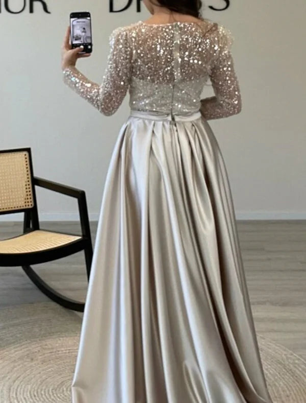Mermaid Sequin Evening Gown Ruched Satin Dress Long Sleeves Floor Length Sparkle Illusion Neck Fall Wedding Guest Dress with Pearls