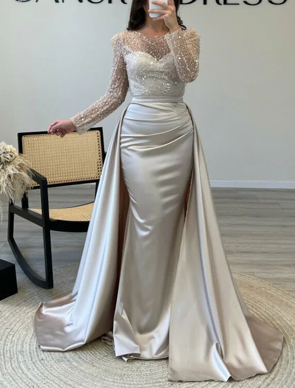 Mermaid Sequin Evening Gown Ruched Satin Dress Long Sleeves Floor Length Sparkle Illusion Neck Fall Wedding Guest Dress with Pearls