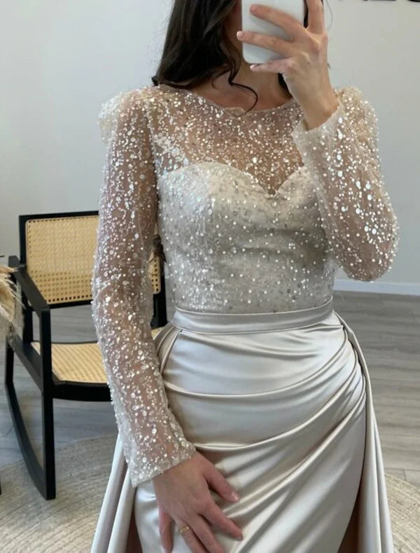 Mermaid Sequin Evening Gown Ruched Satin Dress Long Sleeves Floor Length Sparkle Illusion Neck Fall Wedding Guest Dress with Pearls