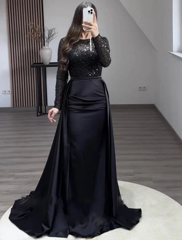 Mermaid Sequin Evening Gown Ruched Satin Dress Long Sleeves Floor Length Sparkle Illusion Neck Fall Wedding Guest Dress with Pearls