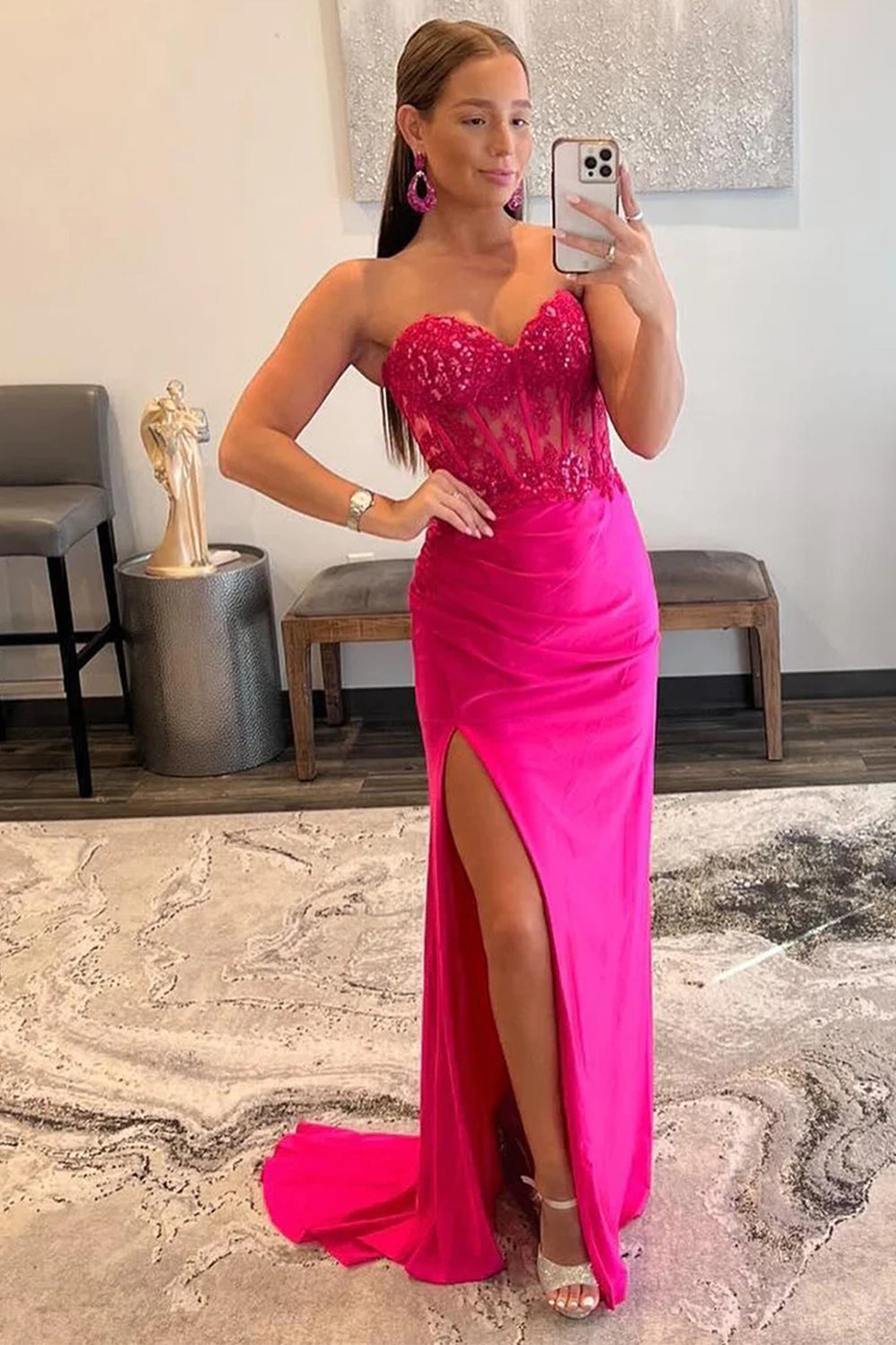 Sparkly Hot Pink Corset Long Prom Dress With Slit Off Shoulder Sexy Evening Dresses