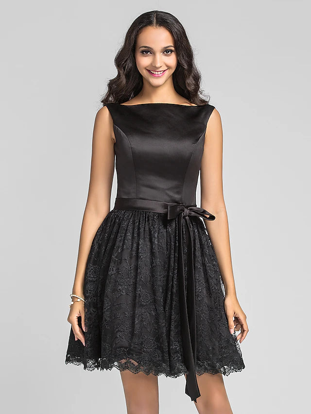 Ball Gown / A-Line Bridesmaid Dress Bateau Neck Sleeveless Little Black Dress Tea Length Lace / Charmeuse with Lace