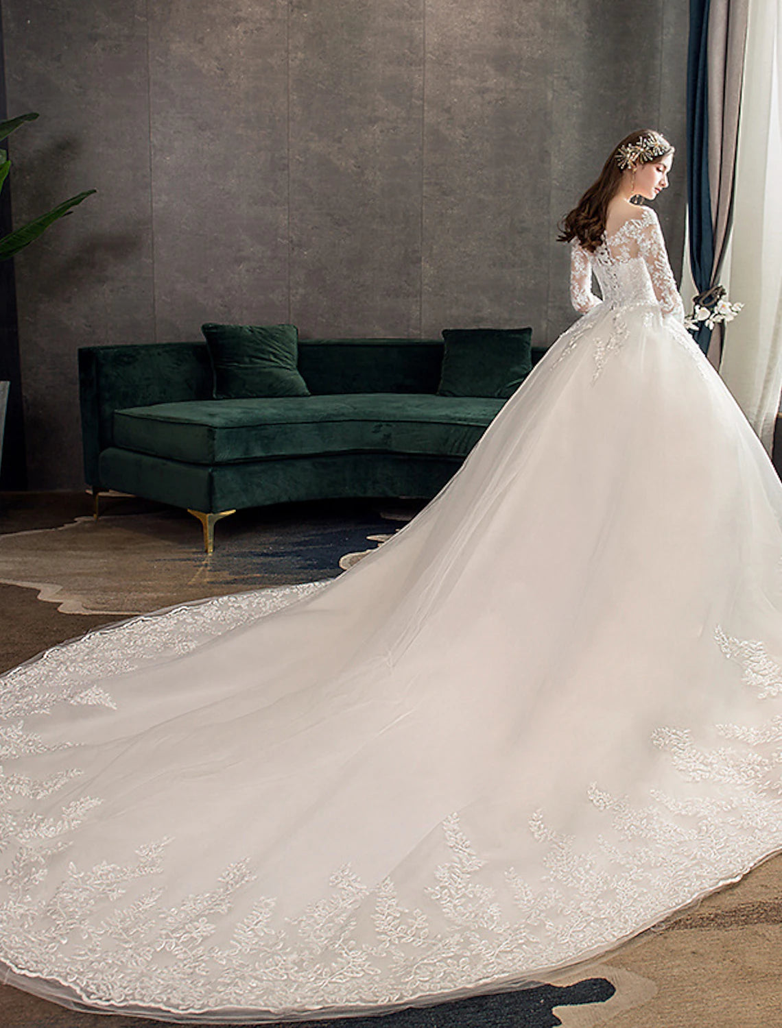 Engagement Formal Fall Wedding Dresses Ball Gown Illusion Neck Long Sleeve Cathedral Train Lace Bridal Gowns