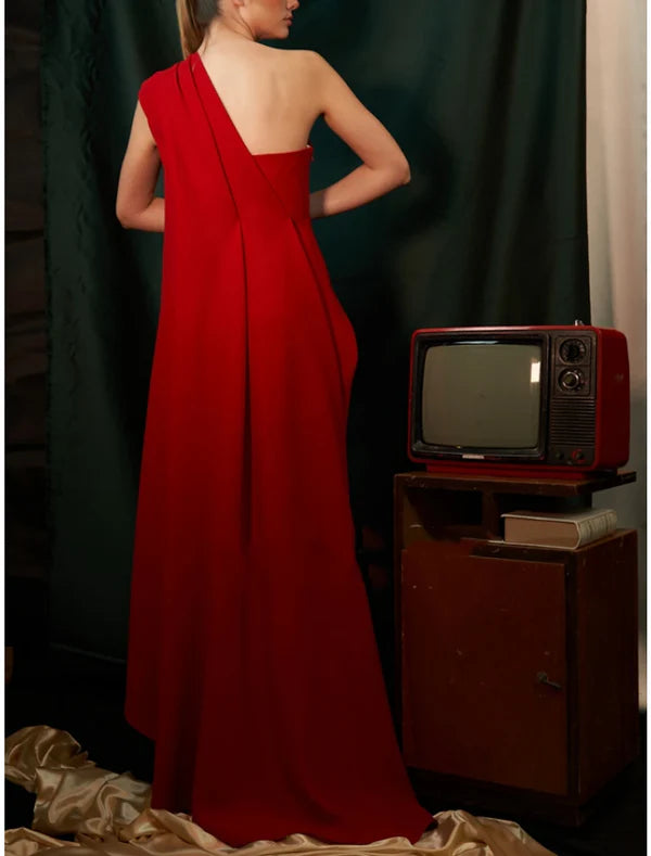 Sheath Evening Gown Red Green Dress Elegant Dress Formal Sweep / Brush Train Sleeveless One Shoulder Stretch Chiffon with Pleats
