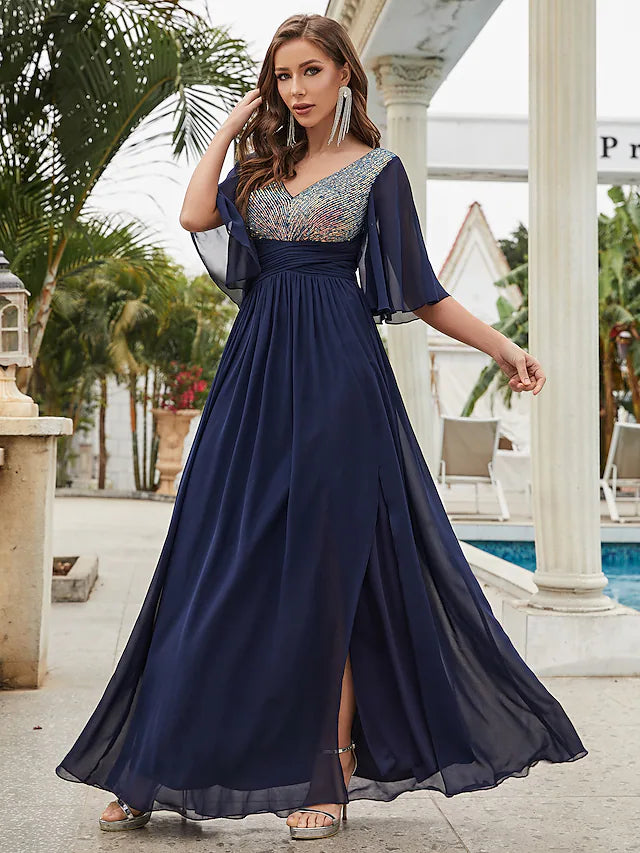 A-Line Wedding Guest Dresses Sparkle & Shine Dress Party Wear Floor Length Half Sleeve V Neck Chiffon with Crystals