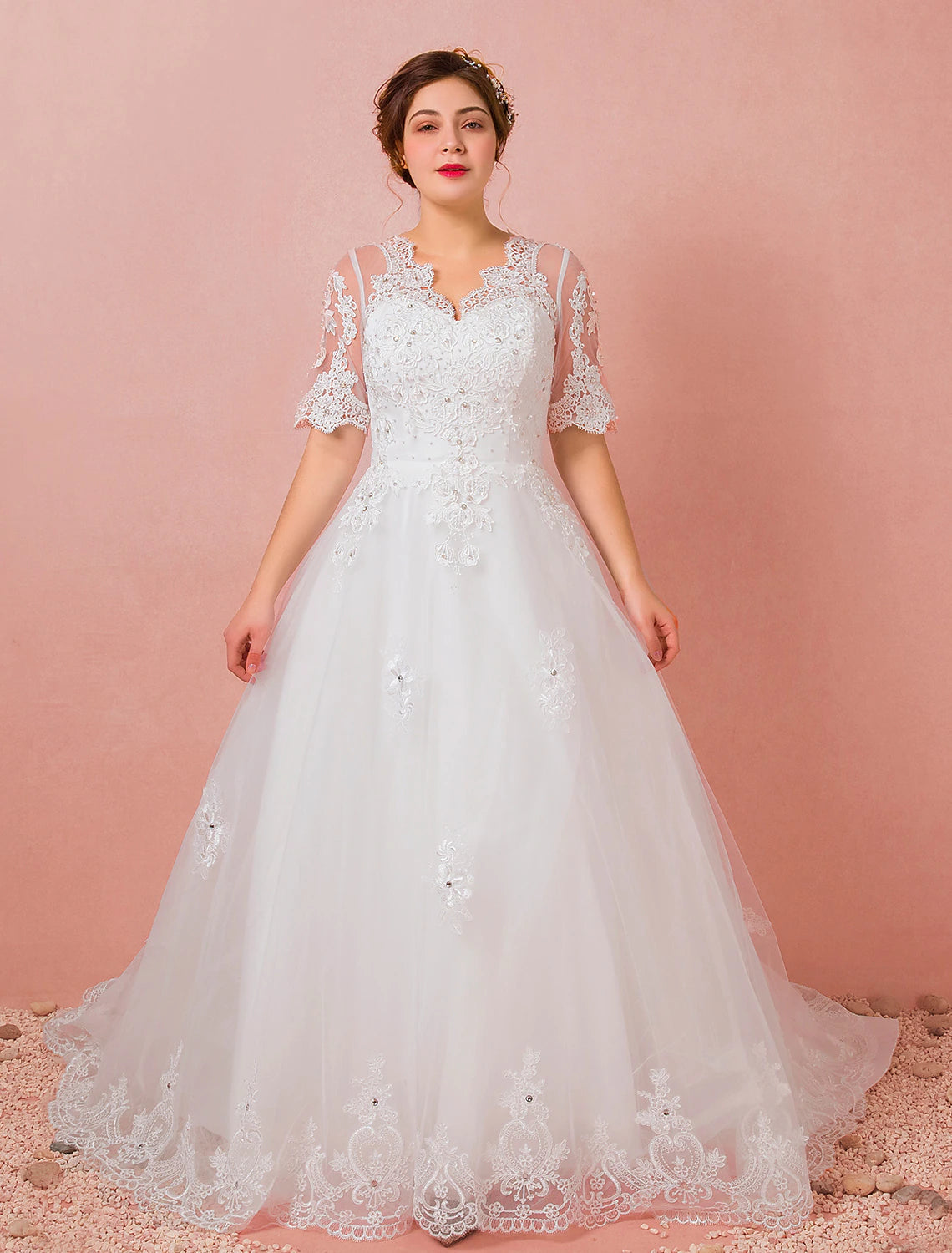 Hall Wedding Dresses A-Line V Neck Half Sleeve Cathedral Train Satin Bridal Gowns With Lace