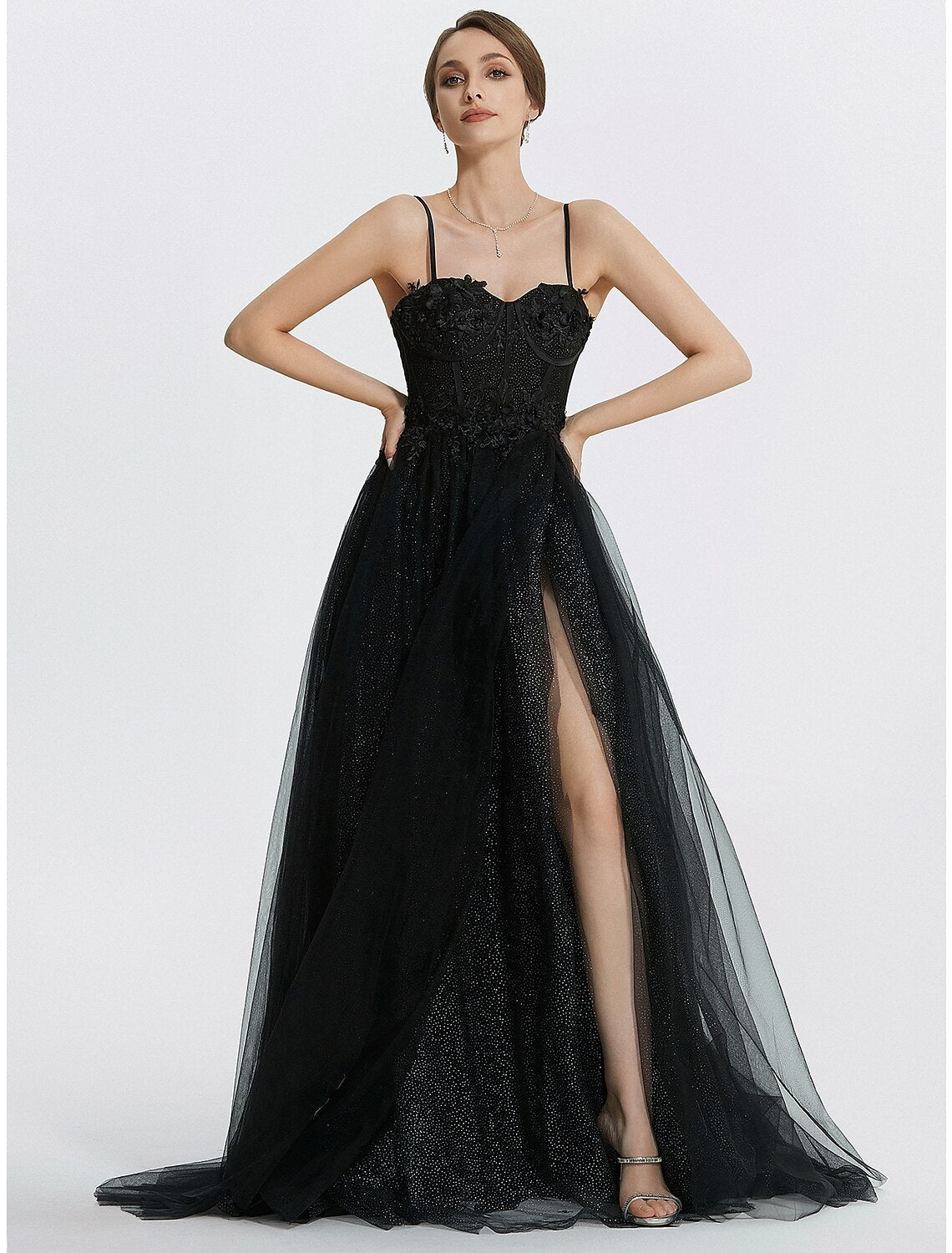 A-Line Prom Dresses Glittering Dress Masquerade photoshoot Floor Length Sleeveless Sweetheart Tulle