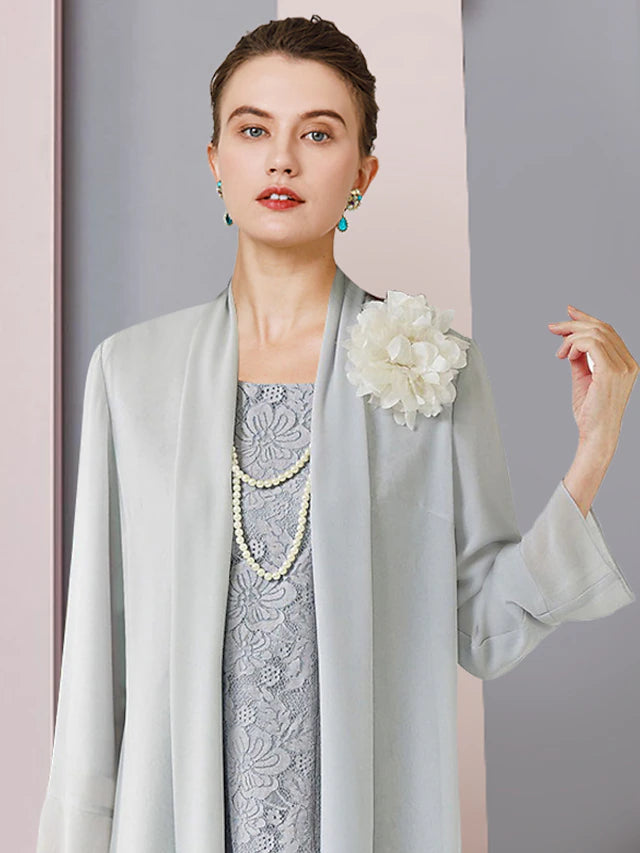 Two Piece Sheath / Column Mother of the Bride Dress Formal Wedding Guest Vintage Elegant Scoop Neck Tea Length Chiffon Lace 3/4 Length Sleeve Jacket Dresses