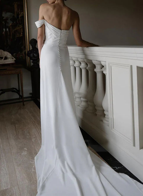 Sheath One-Shoulder Sleeveless Satin Wedding Dresses with Slit Sexy