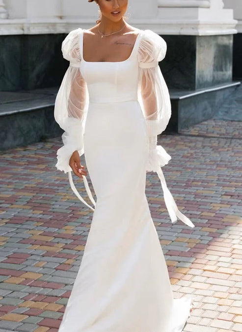 Mermaid Square Neckline Long Sleeves Satin Wedding Dresses White Elegant