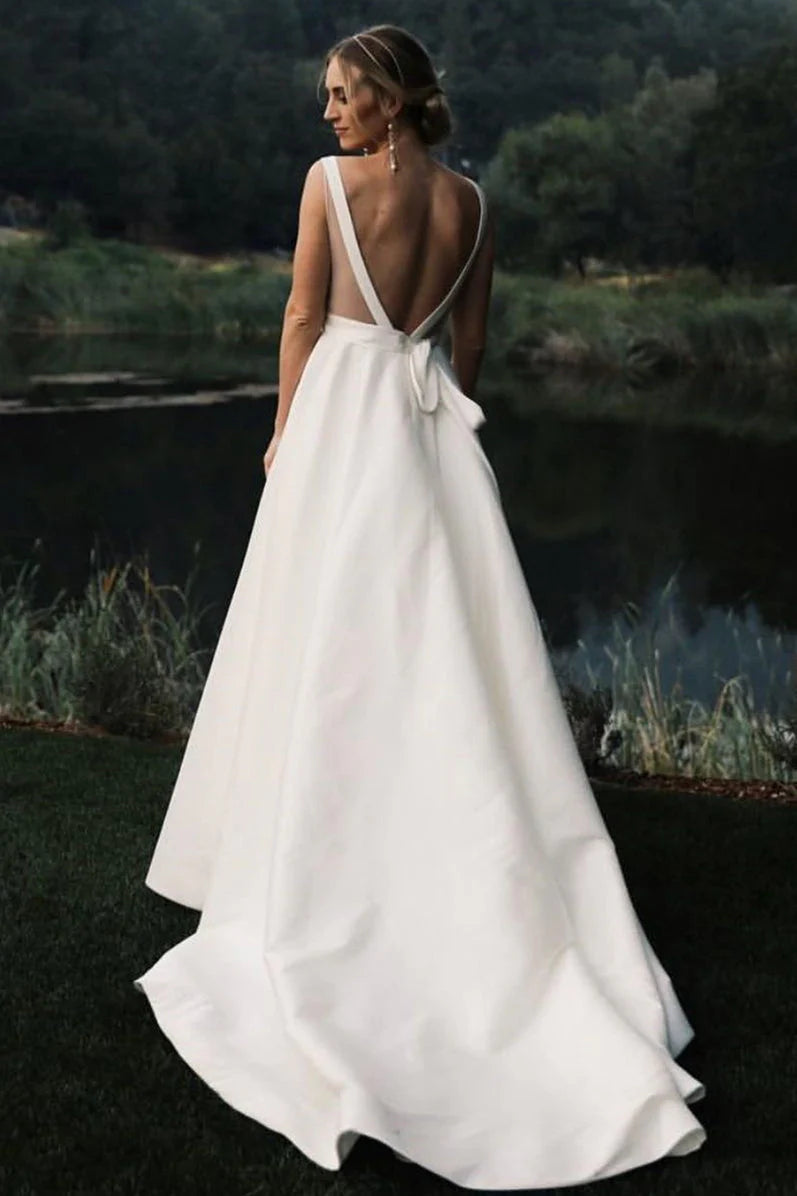 Elegant Satin Wedding Dress V Neck Backless A Line Bridal Dress Simple Solid Color Sexy
