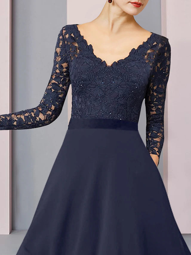 Sheath / Column Mother of the Bride Dress Wedding Guest Vintage Elegant V Neck Asymmetrical Chiffon Lace Long Sleeve