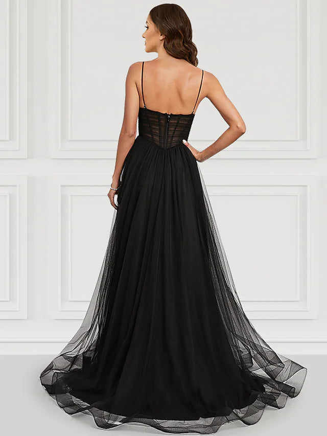 A-Line Prom Dresses Corsets Dress Party Wear Court Train Sleeveless Spaghetti Strap Tulle