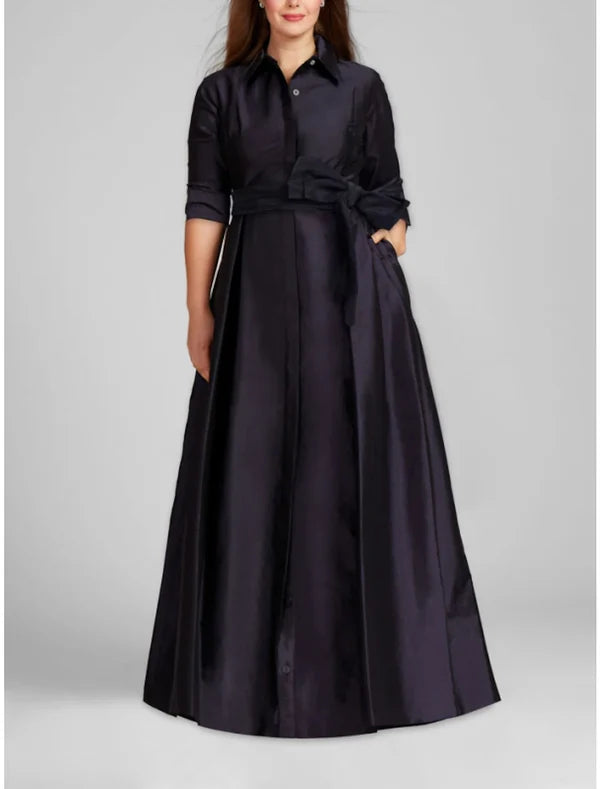 Satin A-Line Evening Gown Champagne Gold Minimalist Black Christmas Red Green Dress Dress Formal Fall Floor Length Half Sleeve Shirt Collar with Bow(s)