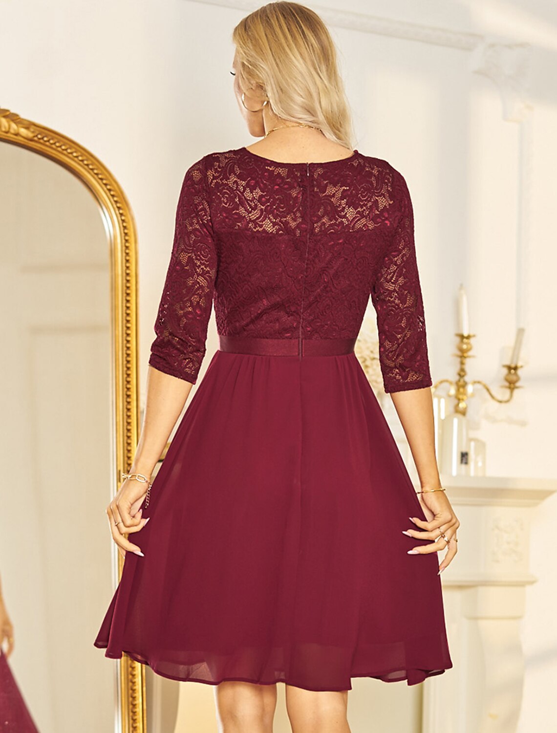 A-Line Cocktail Dresses Minimalist Dress Party Wear Knee Length Half Sleeve V Neck Chiffon