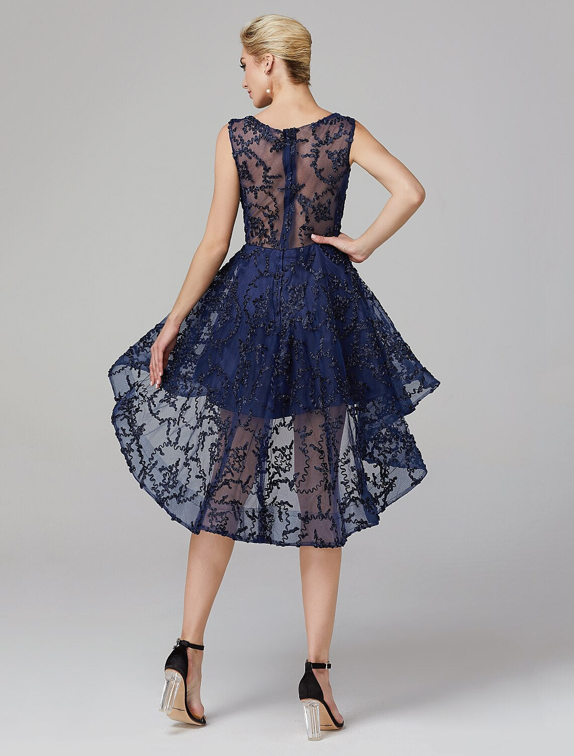 A-Line Hot Dress Wedding Guest Cocktail Party Asymmetrical Sleeveless Illusion Neck Tulle