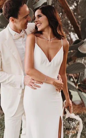 Simple Mermaid Satin Wedding Dress With Split Front And Deep-V Back White