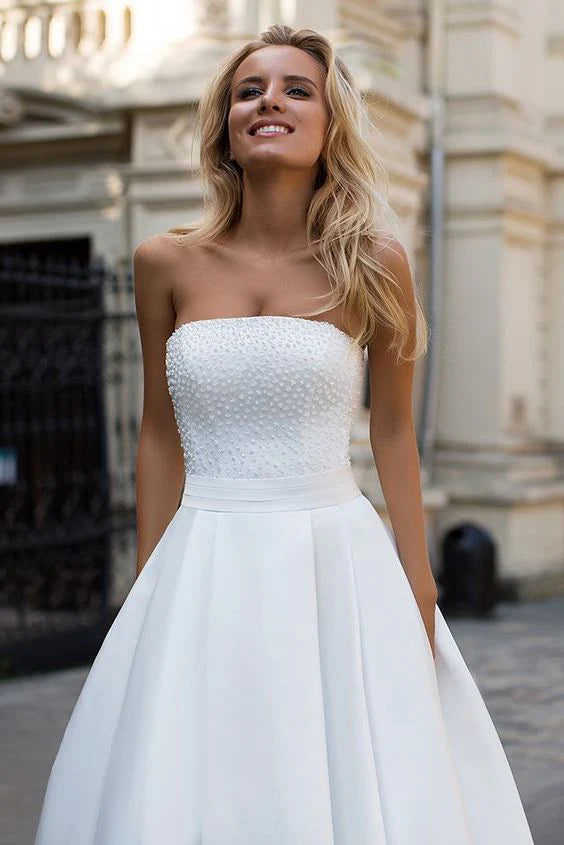 Simple Strapless White A Line Zipper Up A Line Princess Wedding Dress Off Shoulder