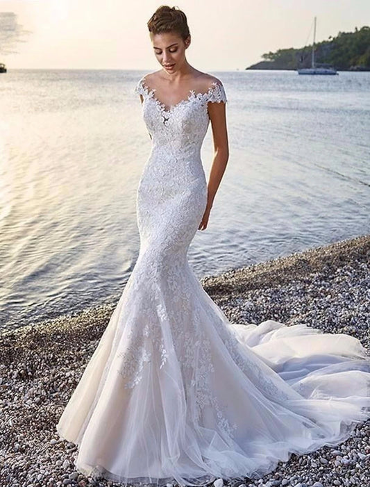 Beach Formal Wedding Dresses Mermaid / Trumpet Scoop Neck Off Shoulder Cap Sleeve Court Train Lace Bridal Gowns
