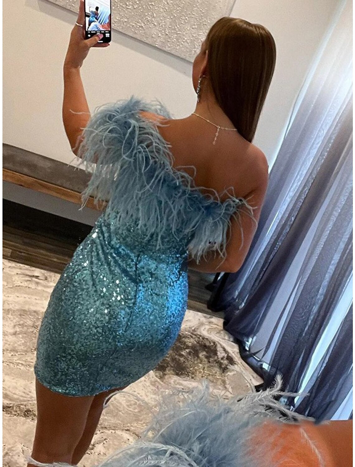 Mermaid / Trumpet Cocktail Dresses Party Dress Homecoming Short / Mini Sleeveless One Shoulder Sequined with Feather