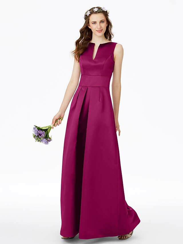 A-Line Bridesmaid Dress Notched Sleeveless Elegant Floor Length Satin with Pleats