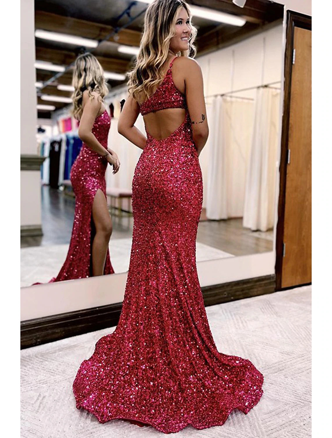 Mermaid / Trumpet Prom Dresses Sparkle & Shine Dress Formal Wedding Party Court Train Sleeveless One Shoulder Sequined