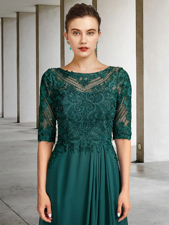 A-Line Mother of the Bride Dress Luxurious Elegant Jewel Neck Floor Length Chiffon Lace Half Sleeve with Pleats Beading