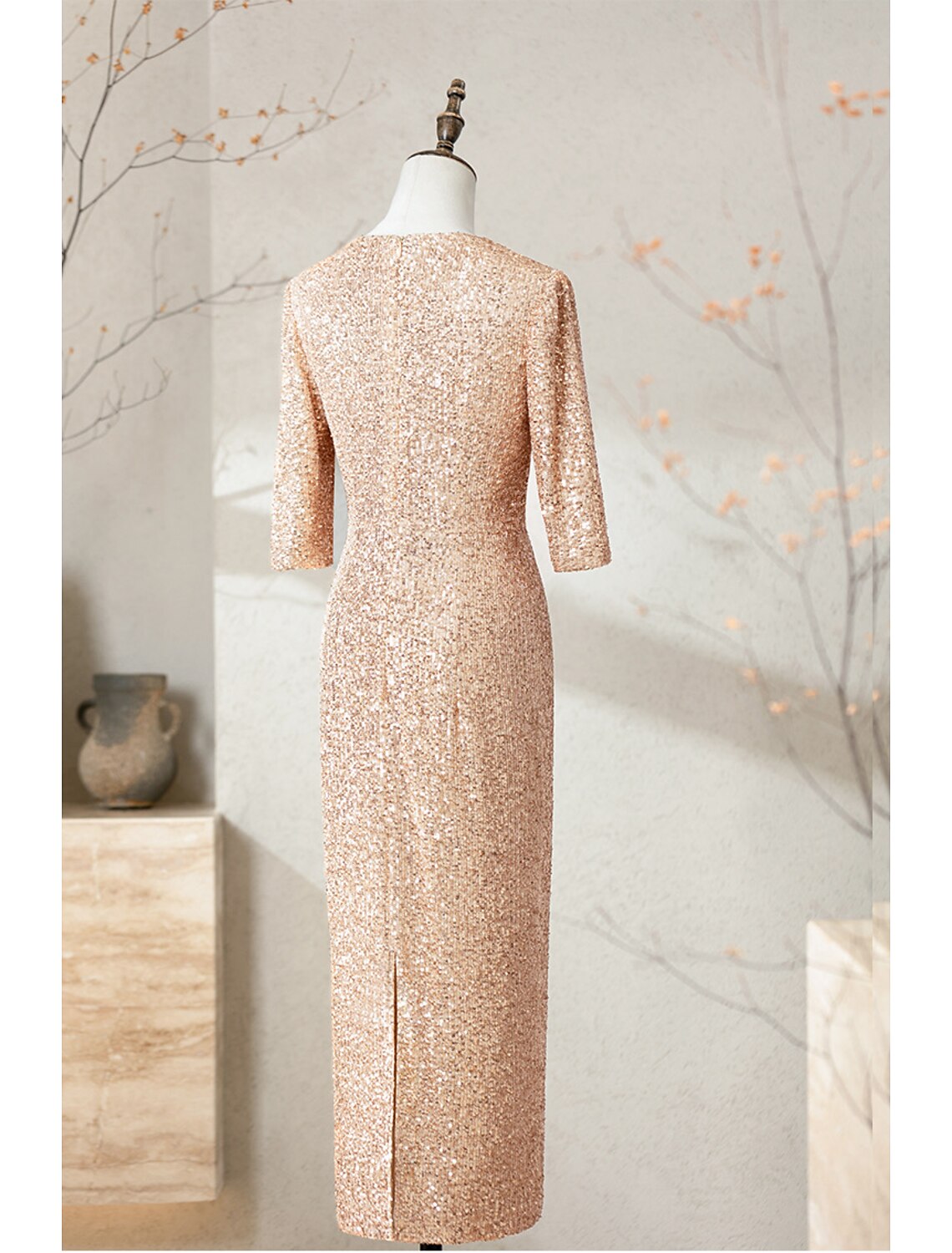 Sheath / Column Cocktail Dresses Sparkle & Shine Dress Wedding Party Floor Length Half Sleeve V Neck Sequined with Sequin