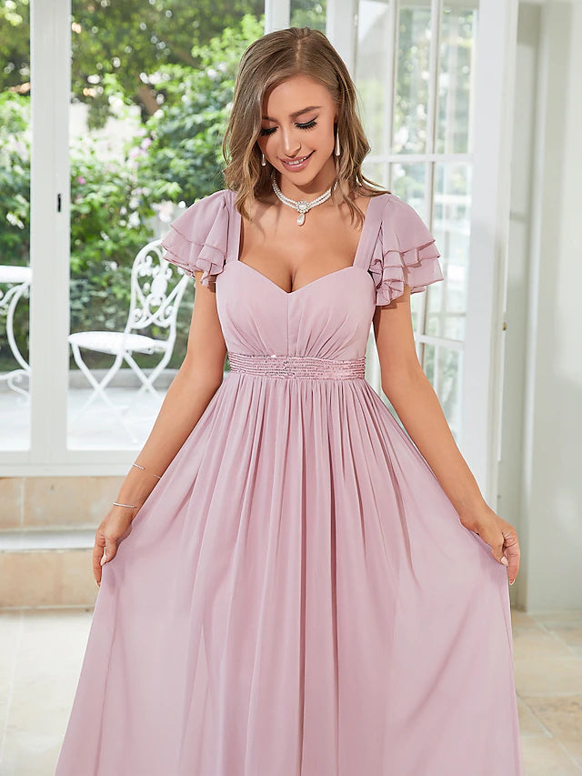 A-Line Wedding Guest Dresses Elegant Dress Party Wear Floor Length Short Sleeve Square Neck Chiffon
