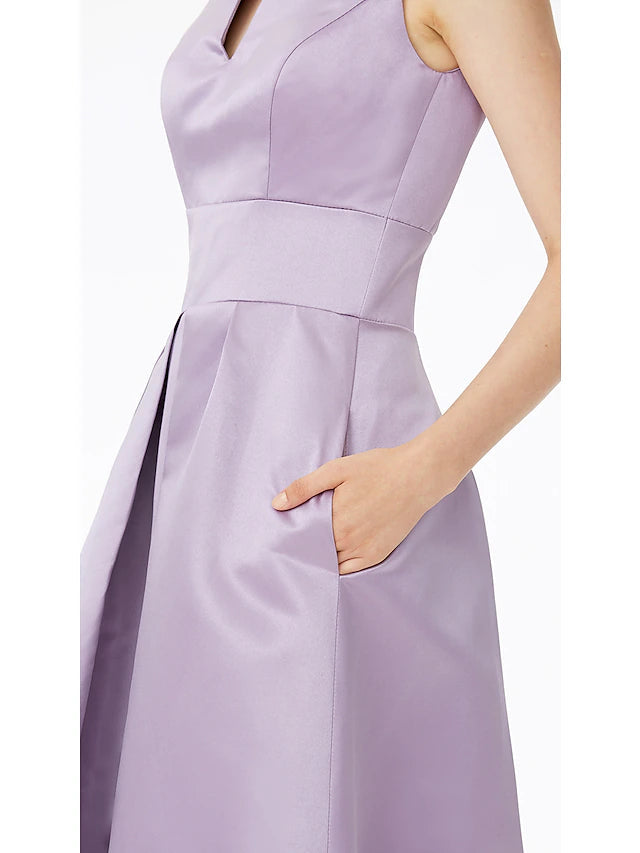 A-Line Bridesmaid Dress Notched Sleeveless Elegant Floor Length Satin with Pleats
