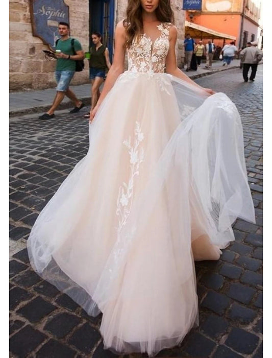 Beach Open Back Sexy Wedding Dresses A-Line V Neck Sleeveless Court Train Lace Bridal Gowns With Appliques Summer Fall Wedding