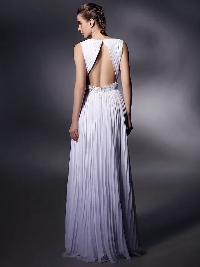 Sheath / Column Celebrity Style Dress Prom Floor Length Sleeveless Plunging Neck Chiffon with Beading